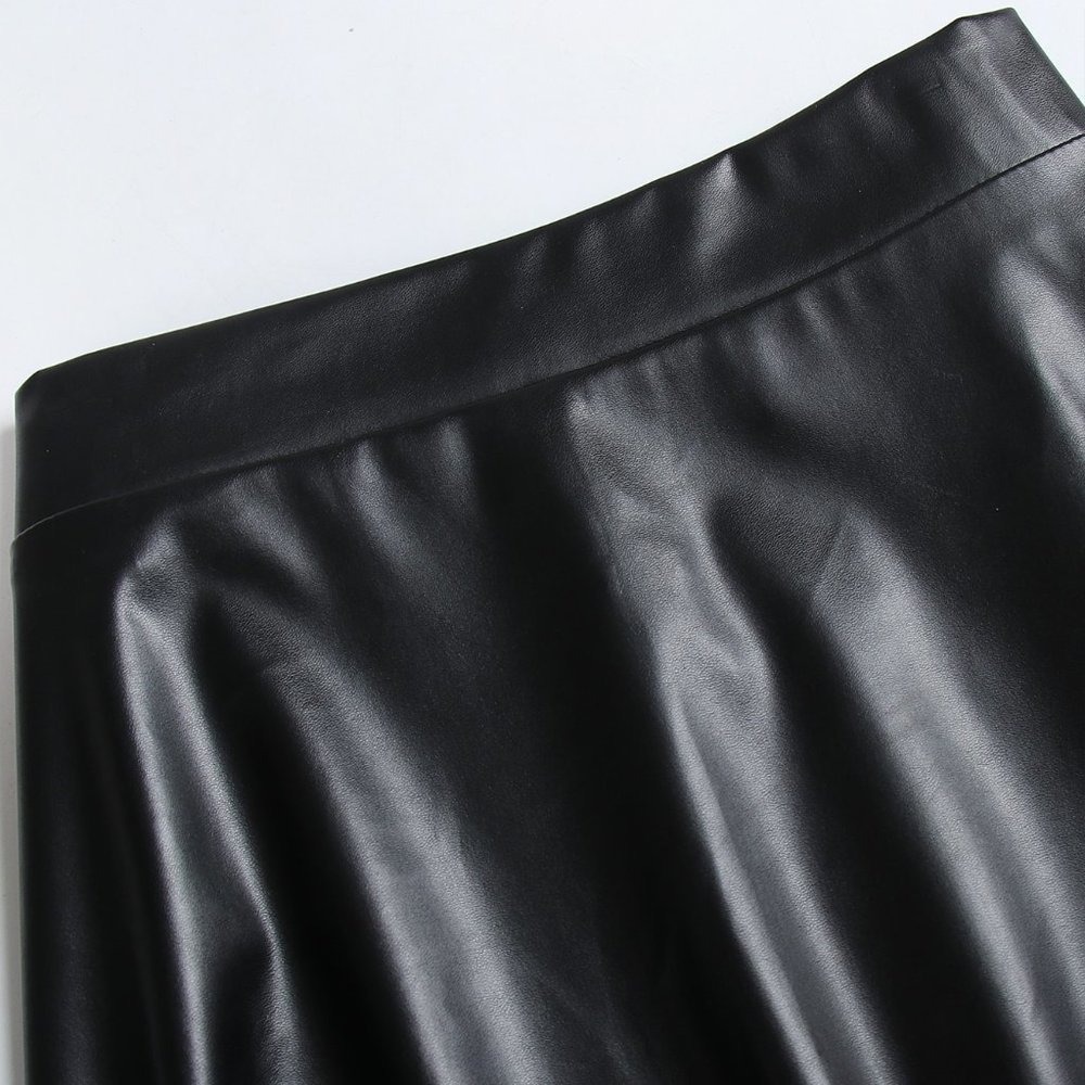 Black Preppy Womens Plus Solid PU Leather Flare Skirt - Picture 5 of 5